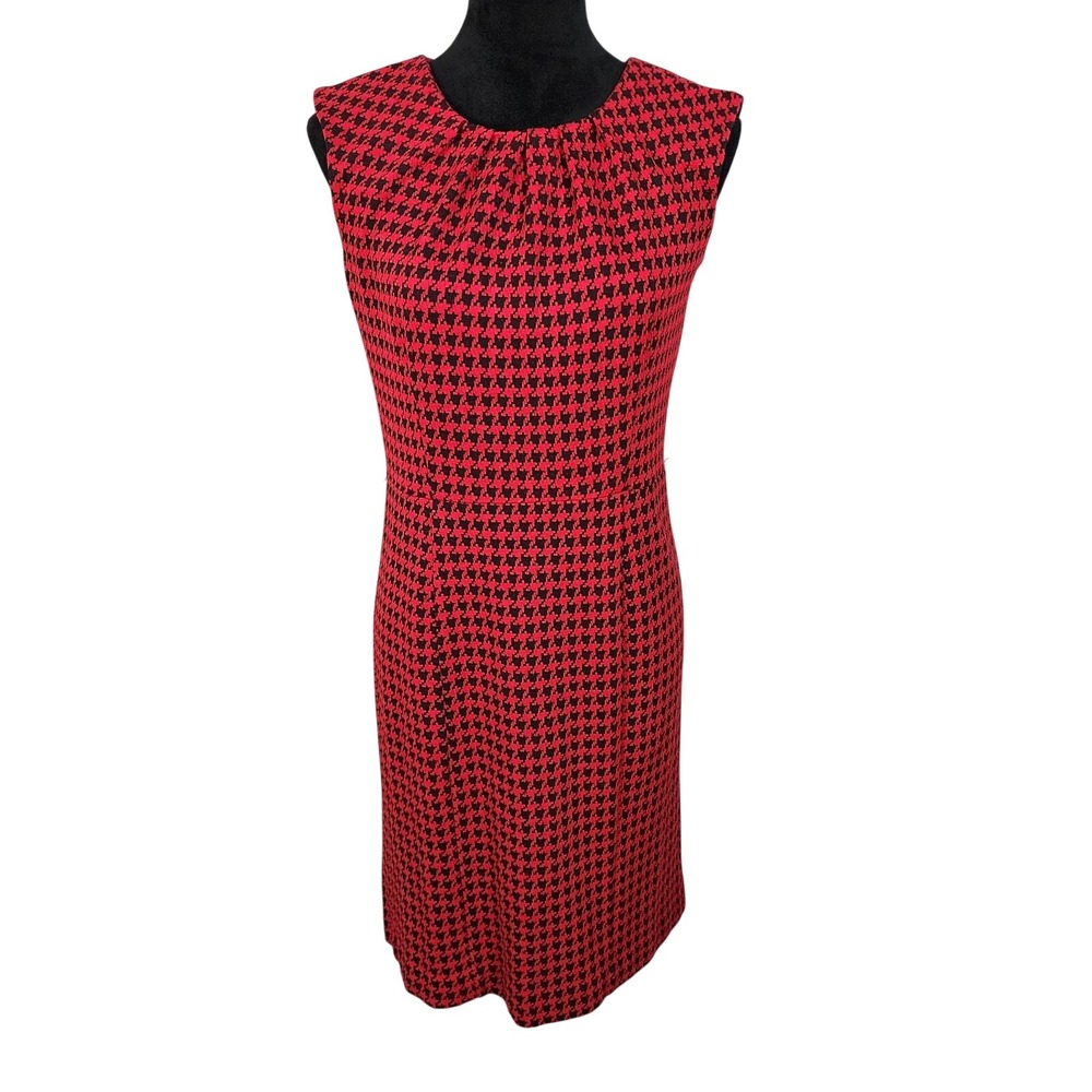 DANA BUCHMAN Size 4 Red Black Houndstooth Classic Pleated Sheath Dress Office